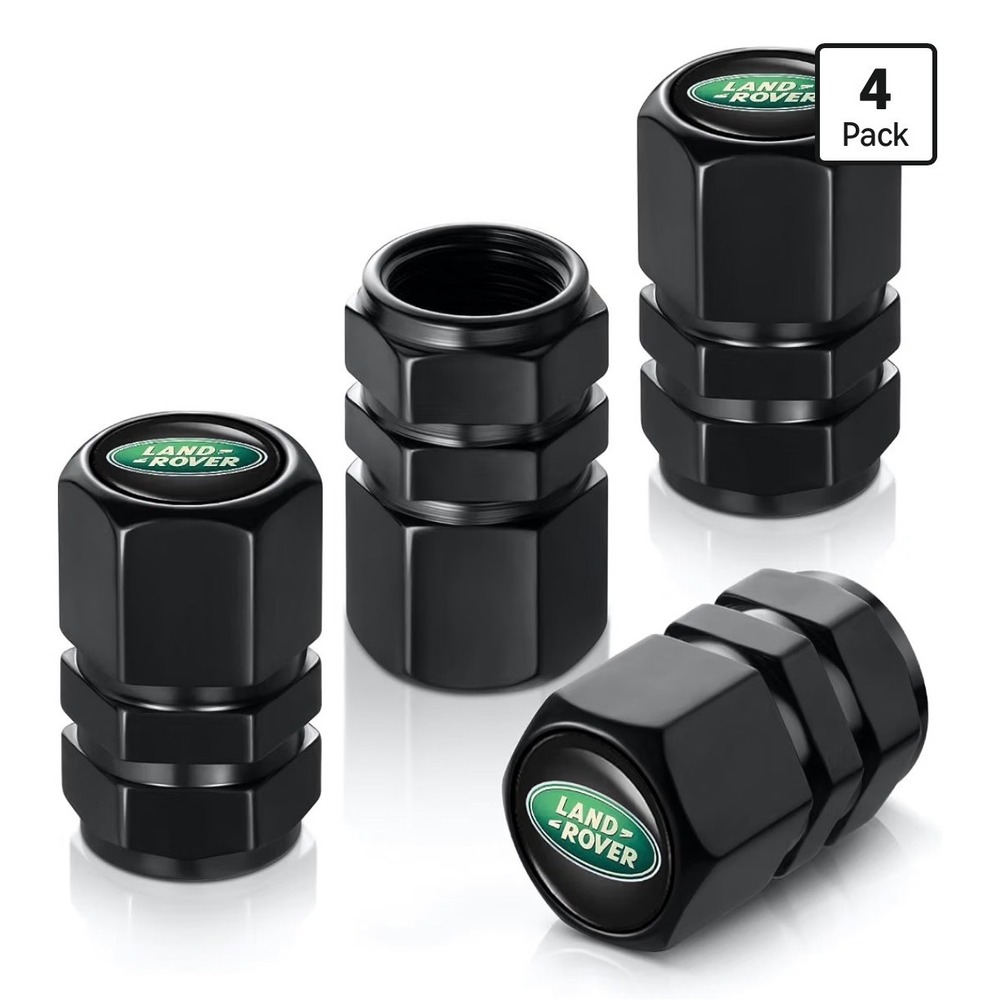 Land Rover Tire Valve Stem Caps Black Metal Logo Dust Covers 4 Pack Universal